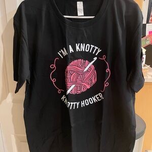 Black Graphic T-Shirt with Pink Yarn Design